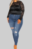 Black Sexy Solid Color Lace Hollow Out Patchwork See-Through O Neck Plus Size Tops