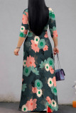Dark Green Casual Floral Print Lace Up V Neck Printed Dresses