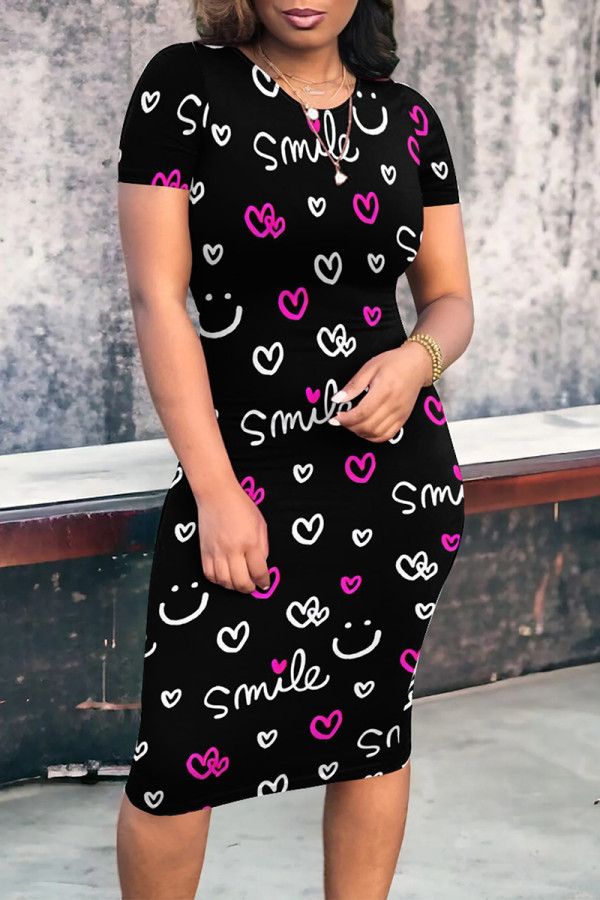 Black White Casual Daily Letter Print Love Print Contrast O Neck Printed Short Sleeve Dress