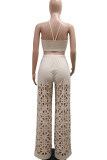 Apricot Casual Solid Color Hollow Out Patchwork Backless Halter Sleeveless Two Pieces