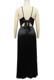 Tangerine Red Celebrities Solid Color Patchwork Backless Pleated Spaghetti Strap Sling Dresses