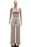 Apricot Casual Solid Color Hollow Out Patchwork Backless Halter Sleeveless Two Pieces