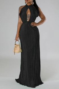 Black Celebrities Solid Color Hollow Out Patchwork Backless Pleated O Neck Long Dresses