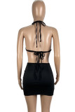 Black Sexy Solid Color Patchwork Backless Ruched Sleeveless Two Pieces