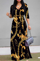 Black Casual Street Geometric Print Chain print Lace Up V Neck Printed Dresses