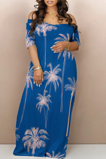 Blue Casual Tropical Print Contrast Off Shoulder Printed Dresses