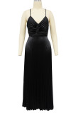 Black Celebrities Solid Color Patchwork Backless Pleated Spaghetti Strap Sling Dresses