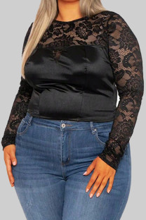 Black Sexy Solid Color Lace Hollow Out Patchwork See-Through O Neck Plus Size Tops