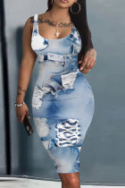 Light Blue Casual Faux Denim Print Basic U Neck Vest Dresses