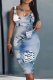 Light Blue Casual Faux Denim Print Basic U Neck Vest Dresses