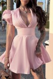 Pink Sexy Casual Solid Color Basic Deep V Neck Short Sleeve Short Sleeve Dress