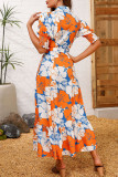 Tangerine Red Celebrities Print Buckle Patchwork Strap Design Turndown Collar Long Dresses
