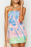 Pink Sexy Print Patchwork Backless Strapless Wrapped Skirt Dresses
