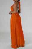 Green Celebrities Solid Color Hollow Out Patchwork Backless Pleated O Neck Long Dresses