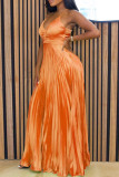 Tangerine Red Celebrities Solid Color Patchwork Backless Pleated Spaghetti Strap Sling Dresses