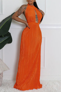 Tangerine Red Celebrities Solid Color Hollow Out Patchwork Backless Pleated O Neck Long Dresses