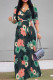 Dark Green Casual Floral Print Lace Up V Neck Printed Dresses