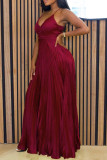 Burgundy Celebrities Solid Color Patchwork Backless Pleated Spaghetti Strap Sling Dresses