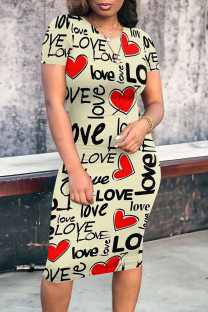 Cream White Casual Daily Letter Print Love Print Contrast O Neck Printed Short Sleeve Dress