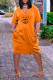Orange Casual Daily Letter Print Pocket V Neck Short Sleeve Short Sleeve Dress