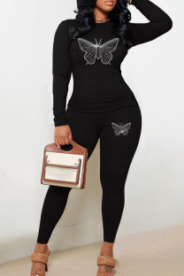 Black Casual Butterfly Patchwork Hot Drill O Neck Long Sleeve Two Pieces