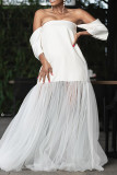 White Celebrities Solid Color Patchwork Backless Mesh Off Shoulder Evening Dresses