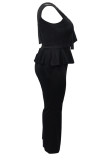 Black Casual Solid Color Patchwork Ruffle V Neck Plus Size Jumpsuits