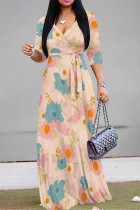 Pink Casual Floral Print Lace Up V Neck Printed Dresses