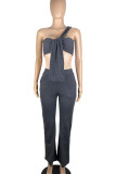 Black Sexy Solid Color Hollow Out Pocket Patchwork Backless Sleeveless Two Pieces
