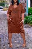 Red Casual Street Letter Print Pocket V Neck Short Sleeve Short Sleeve Dress