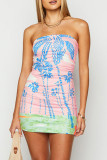 Pink Sexy Print Patchwork Backless Strapless Wrapped Skirt Dresses