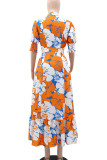 Tangerine Red Celebrities Print Buckle Patchwork Strap Design Turndown Collar Long Dresses