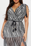 Black Celebrities Stripe Patchwork High Slit Strap Design V Neck Long Dresses