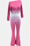 Rose Red Casual Gradient Color Patchwork Oblique Collar Long Sleeve Two Pieces