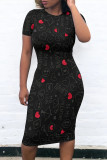 Cream White Casual Daily Letter Print Love Print Contrast O Neck Printed Short Sleeve Dress