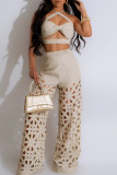 Apricot Casual Solid Color Hollow Out Patchwork Backless Halter Sleeveless Two Pieces