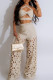Apricot Casual Solid Color Hollow Out Patchwork Backless Halter Sleeveless Two Pieces