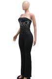 Black Sexy Letters Patchwork Backless Hot Drill Strapless Skinny Jumpsuits