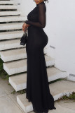 Black Celebrities Solid Color Hollow Out Patchwork Half A Turtleneck Long Dresses
