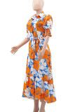 Tangerine Red Celebrities Print Buckle Patchwork Strap Design Turndown Collar Long Dresses