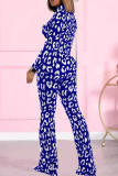 Blue White Casual Print Patchwork Half A Turtleneck Long Sleeve Two Pieces