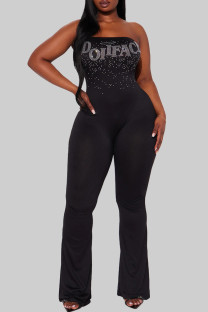 Black Sexy Letters Patchwork Backless Hot Drill Strapless Skinny Jumpsuits