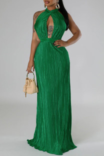 Green Celebrities Solid Color Hollow Out Patchwork Backless Pleated O Neck Long Dresses