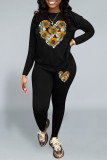 Black Casual Print Patchwork O Neck Short Sleeve Two Pieces