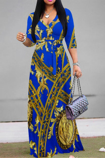Blue Casual Street Geometric Print Chain print Lace Up V Neck Printed Dresses