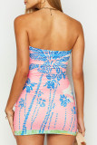 Pink Sexy Print Patchwork Backless Strapless Wrapped Skirt Dresses