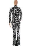 Blue White Casual Print Patchwork Half A Turtleneck Long Sleeve Two Pieces
