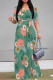 Green Casual Floral Print Lace Up V Neck Printed Dresses