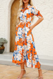 Tangerine Red Celebrities Print Buckle Patchwork Strap Design Turndown Collar Long Dresses