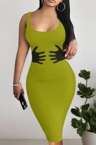 Grass Green Casual Street Print U Neck Printed Dresses